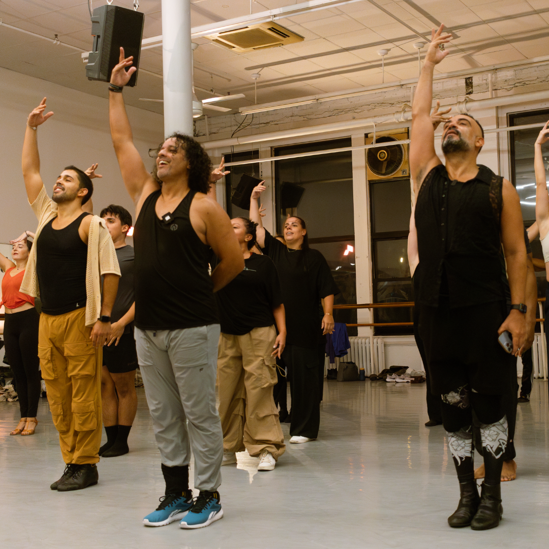 A group of people in a dance studio stands with one arm raised in unison, demonstrating a choreographed movement. They are dressed in casual, comfortable clothing, and the studio has mirrored walls and wooden barre equipment.