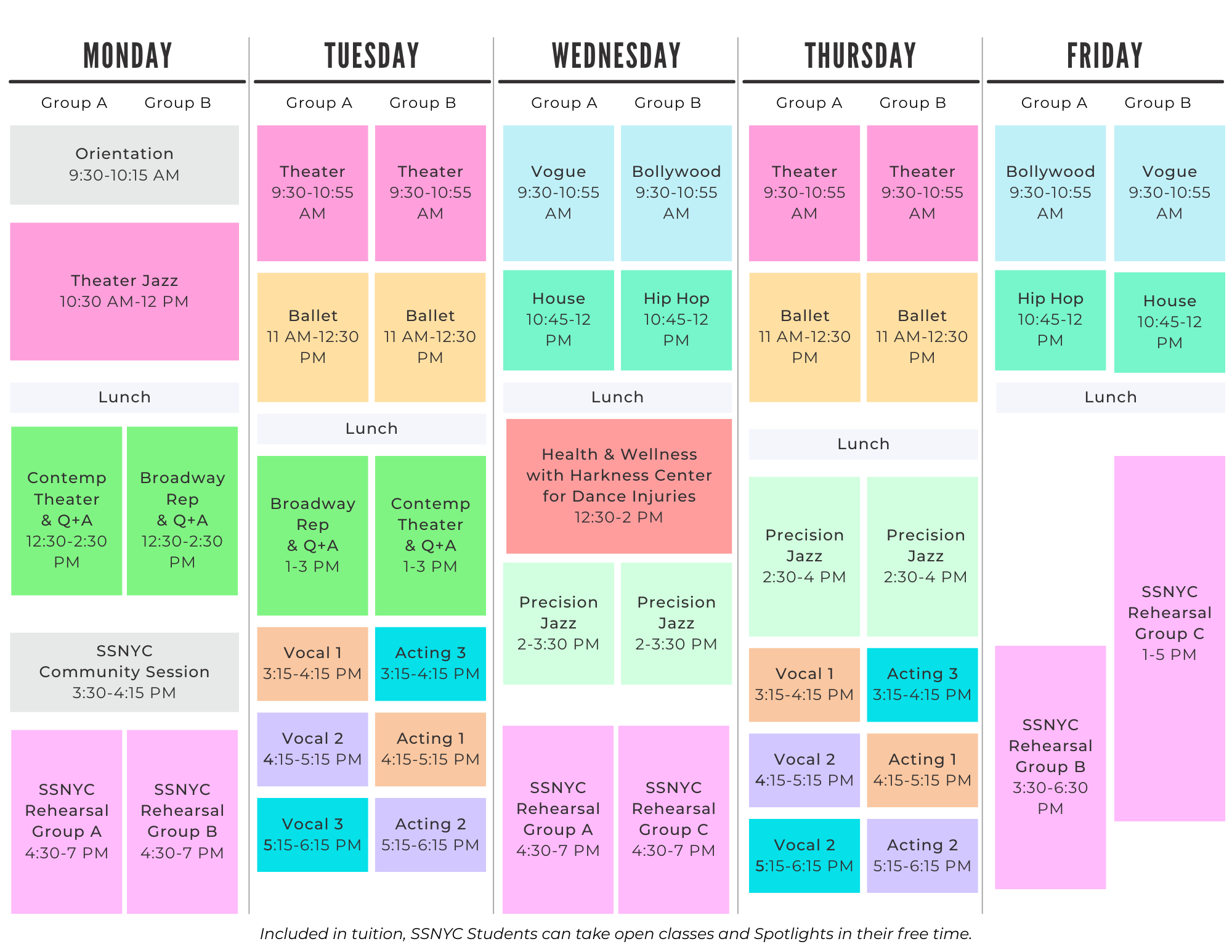 Complex image grid of sample schedule for Theater Jazz summer program